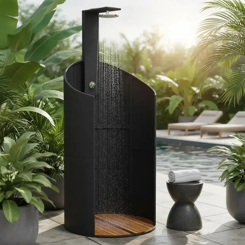 Outdoor-Dusche Schwarz 100x100x241,5 cm, Polyrattan, Akazienholz, UV-Beständig, Einfach zu Bedienen, Stilvolle Gartendekoration, Inklusive PVC-Schlauch und Drehbarem Sprühkopf