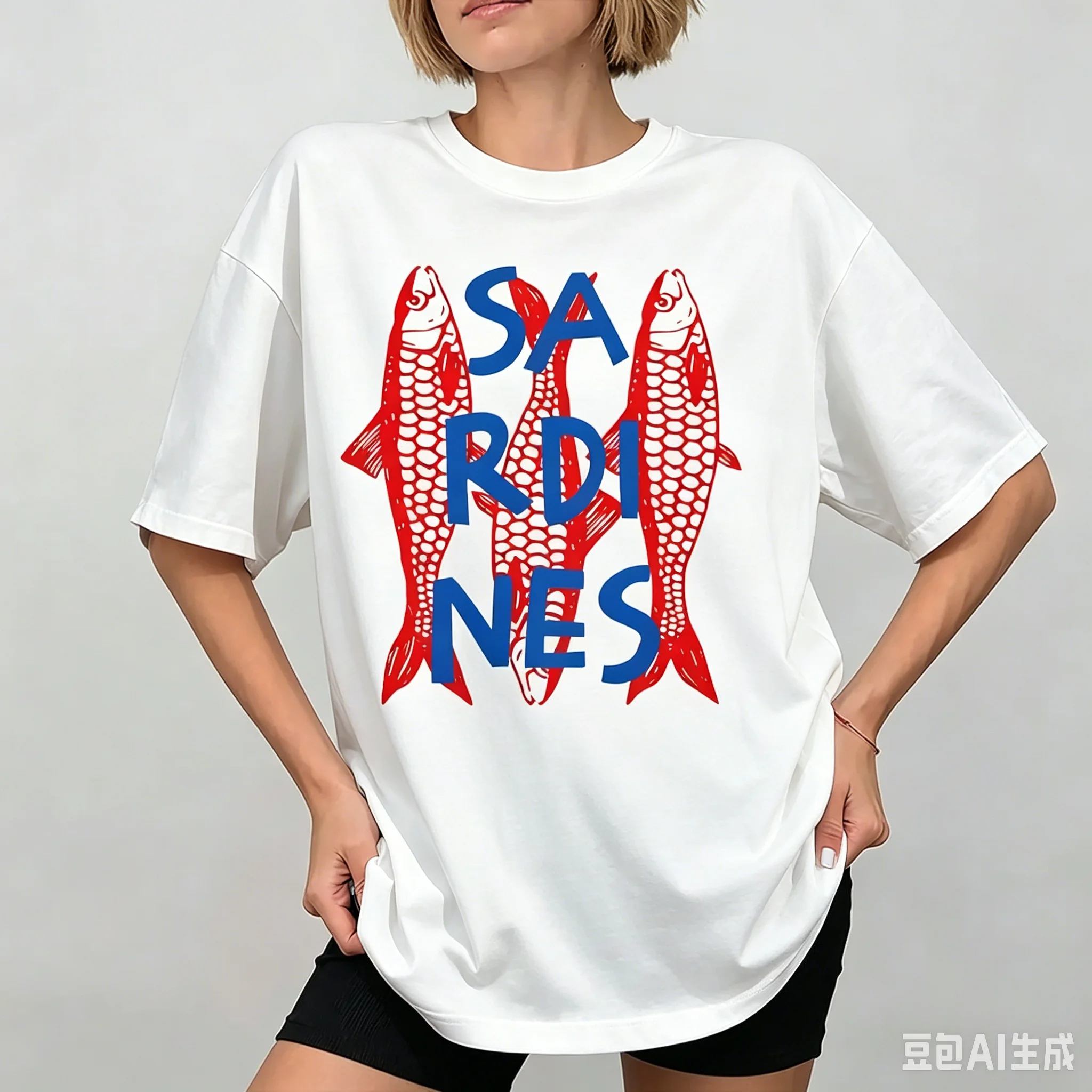 Sardinen-Grafik-T-Shirt Trendiges Fisch-T-Shirt Lässiges Kurzarm-Baumwoll-T-Shirt Streetwear Rundhals-T-Shirt Coole Streetwear-T-Shirts
