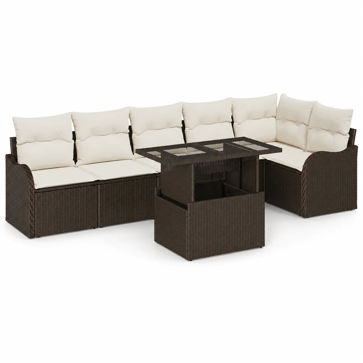 7-teiliges Garten-Sofa-Set mit Kissen, braune Polyrattan-Gartenmöbel, modulares Lounge-Set für Terrasse, Balkon, wetterbeständig, modernes Design, für 6 Personen