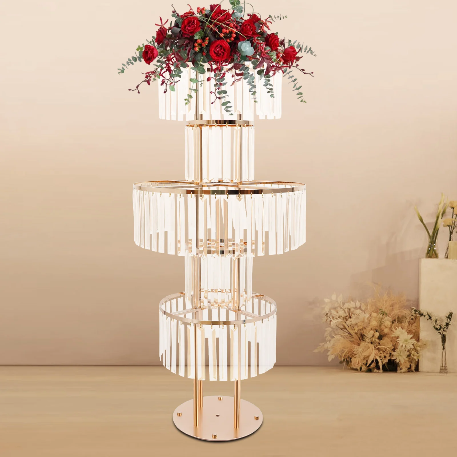 Eleganter 5-stufiger Kristall-Blumenständer, runde goldene Blumenpräsentationsständer mit Sockel, 110 cm hoher mehrstöckiger Blumenhalter Image