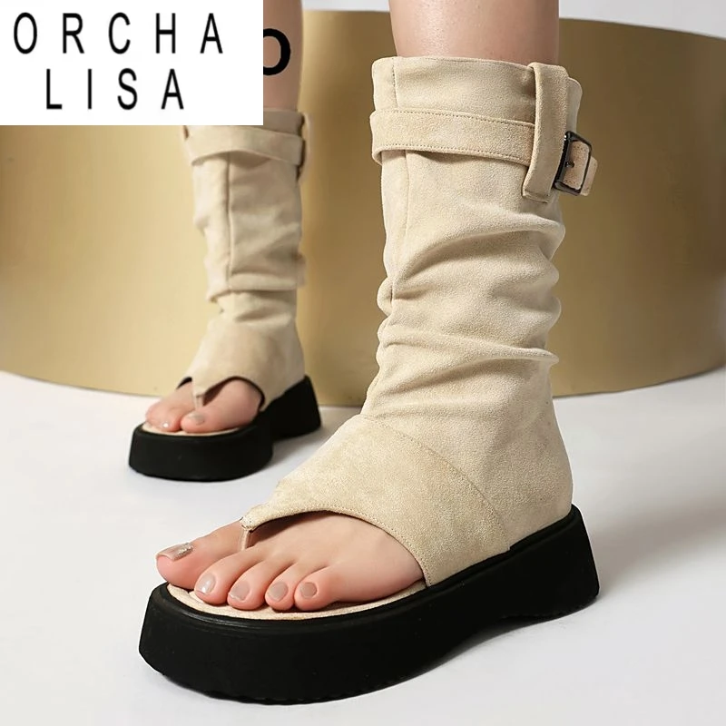 ORCHA LISA Flock Wildleder Mode Weibliche Sandalen Clip Toe Dicke Absätze 4,5 cm Plattform Gürtel Schnalle Große Größe 43 44 45 Dating Schuhe