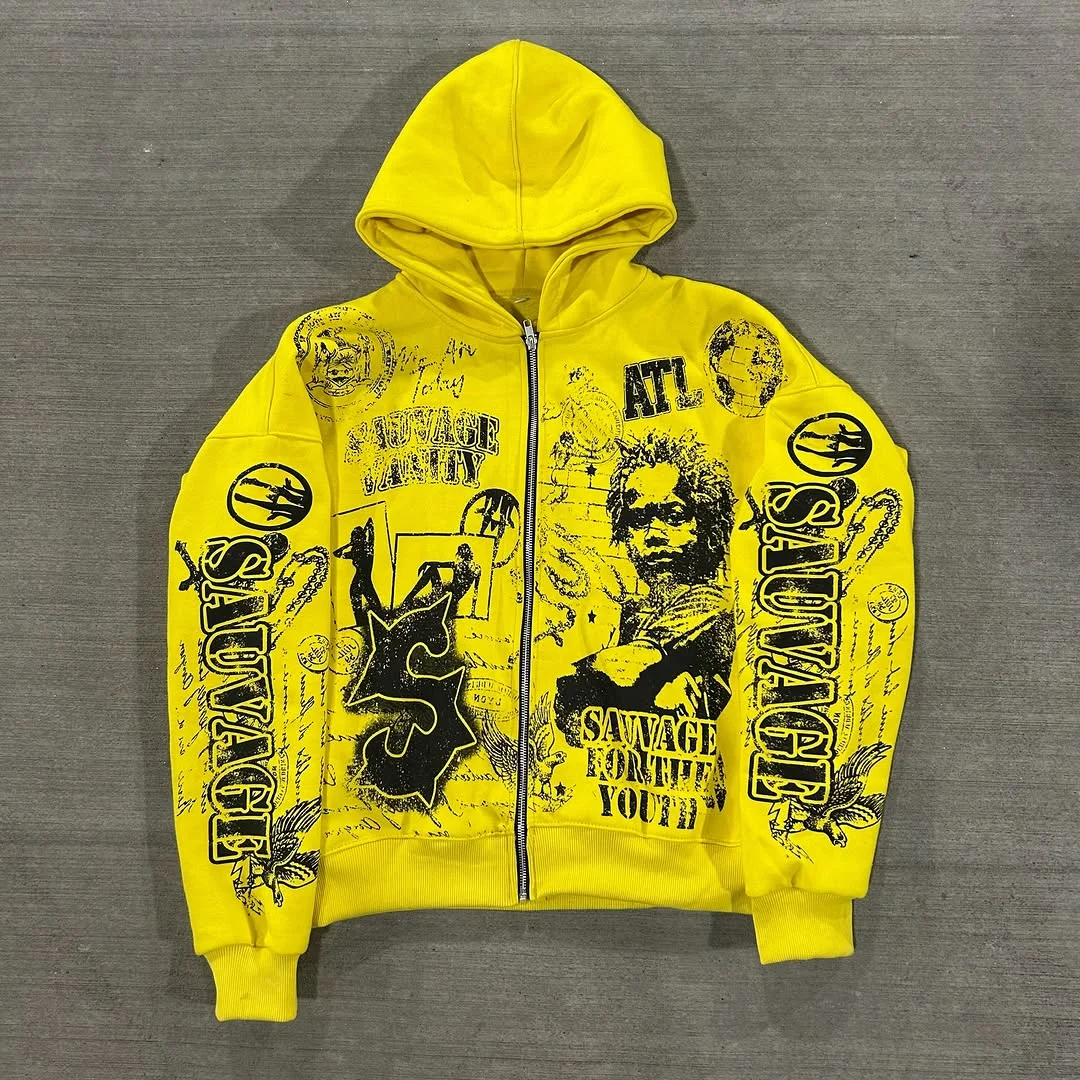 Y2k Gelber Modedruck Reißverschluss-Hoodie Neuer Harajuku Hip-Hop Langarm-Mantel Loser Kapuzenpullover für Männer und Frauen Streetwear