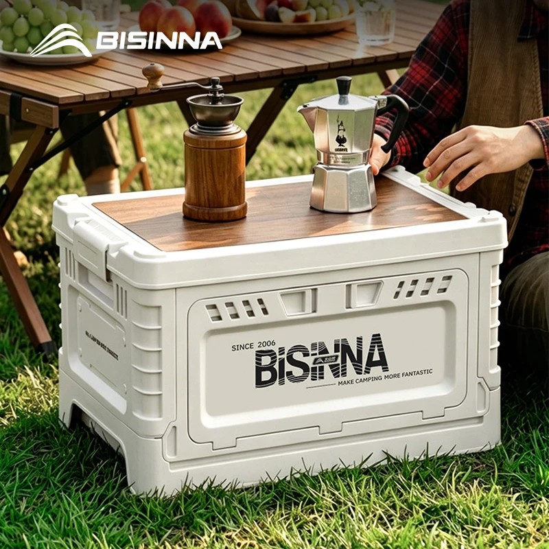 BISINNA Campingbox, 30 l/60 l, große Kapazität, zusammenklappbare Aufbewahrungsbox, Kofferraum, Holzdeckel, Nachttisch für Zuhause, für Picknick, Reisen im Freien
