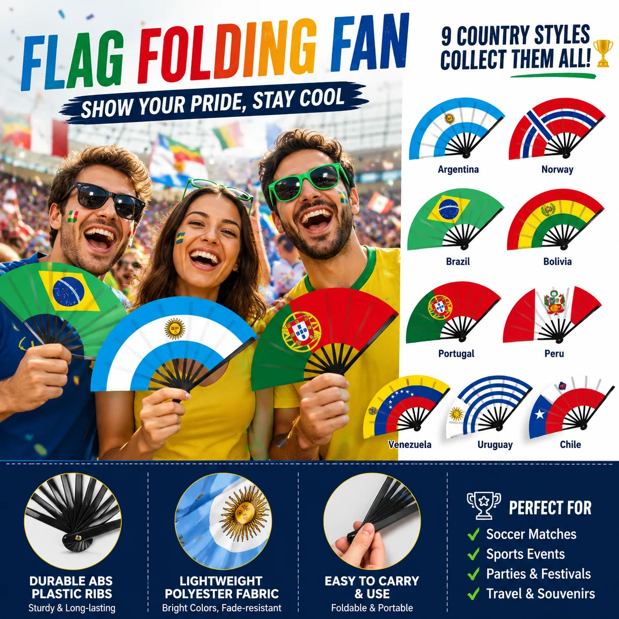 Faltbarer Handfächer mit Nationalflagge für Weltmeisterschaft, Sportpartys, Sommerkühlung, Tanzrequisite, Geschenk, Argentinien, Brasilien, Portugal, Sammlerstück Image