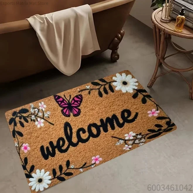 1 Stück Boho Floral Butterfly Welcome Print Große, rutschfeste, wasserabsorbierende Bodenmatte für den Hauseingang, Badezimmer, Wohnzimmer, Deko Image