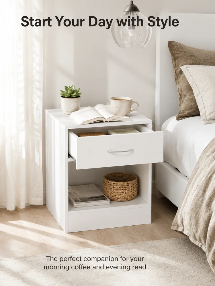 Nachttisch 2er-Set mit Schublade, Weißer Nachttisch mit Ablagefach, Moderner Holz-Beistelltisch für Schlafzimmer, Wohnzimmer, Langlebig und Leicht zu Reinigen Image
