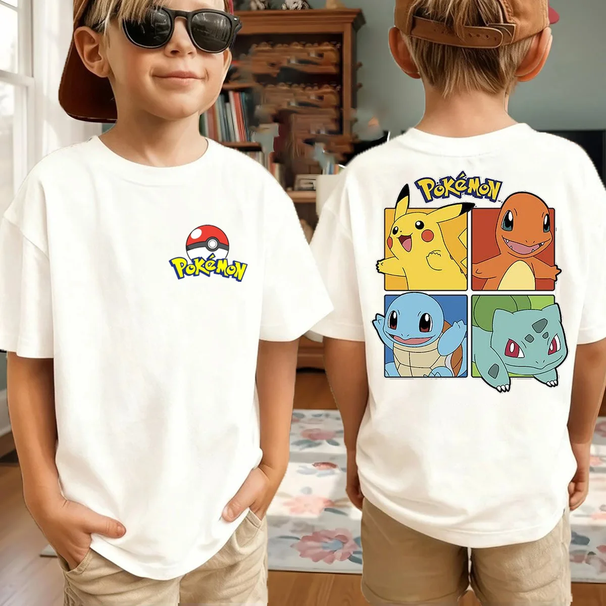 Sommer-Pokémon-Anime-T-Shirts für Jungen, kurzärmeliges Oberteil aus reiner Baumwolle, lässig, geeignet für Jungen und Mädchen, Eltern-Kind-Outfits. Image