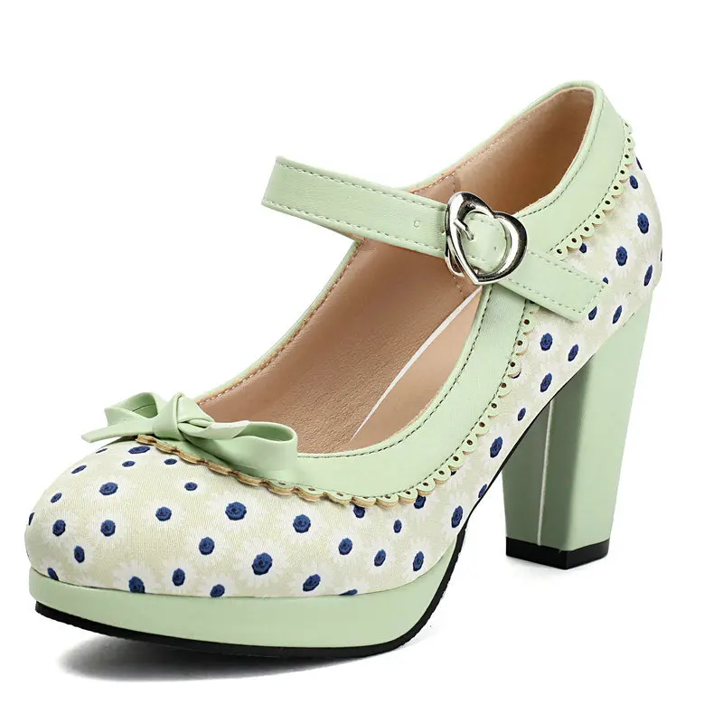 Große Größe 47, 48, 46, Damenschuhe, gepunktet, Blumendruck, geschlossene Zehen, Frühlings- und Herbst-Pumps, Block-High-Heels, Plattform, Mary Janes-Pumps