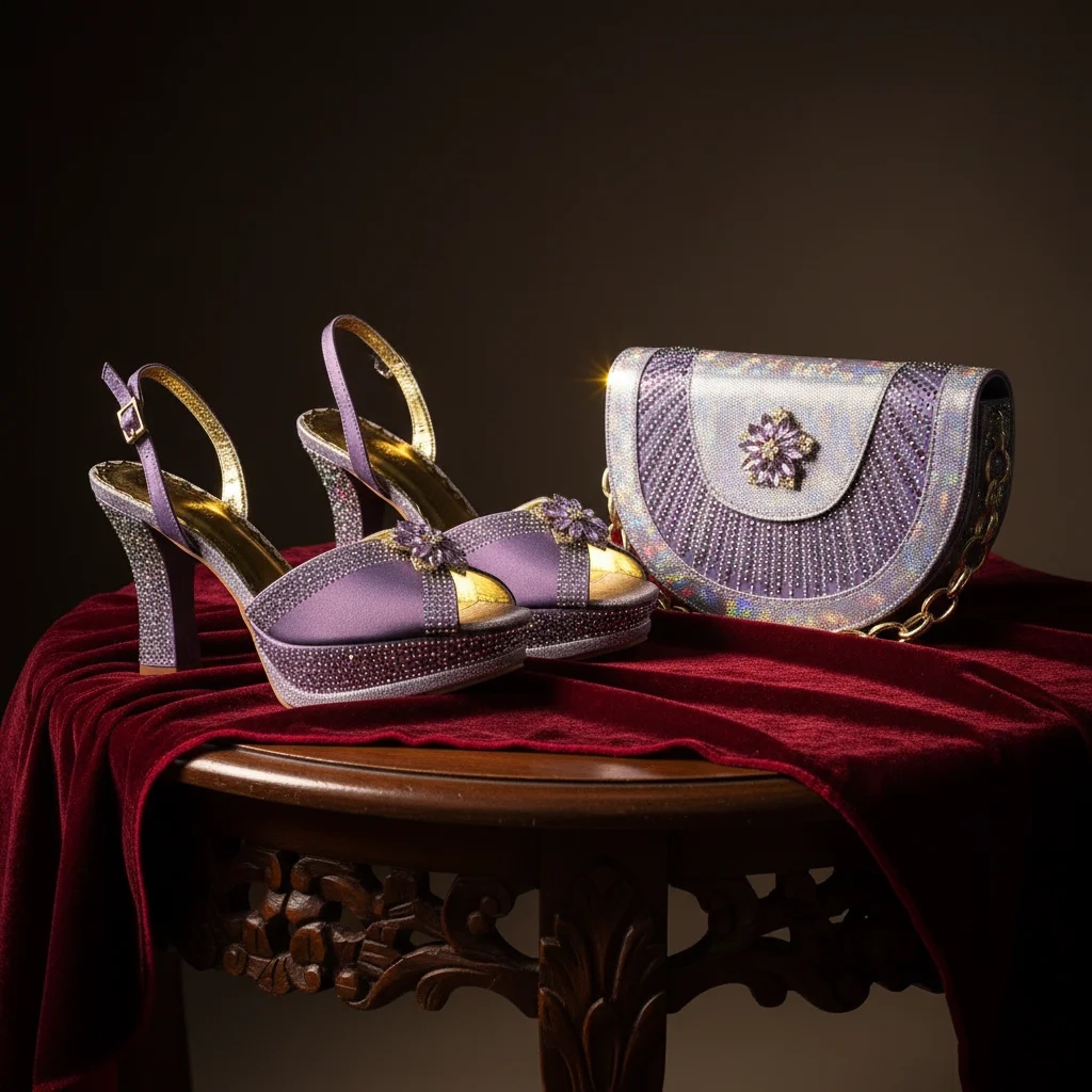 Modisches Design, mit Strass verzierte dreidimensionale Tasche und guter Material-Peep-Toe-Pumps, elegante Clutch-Tasche, Damenschuhe