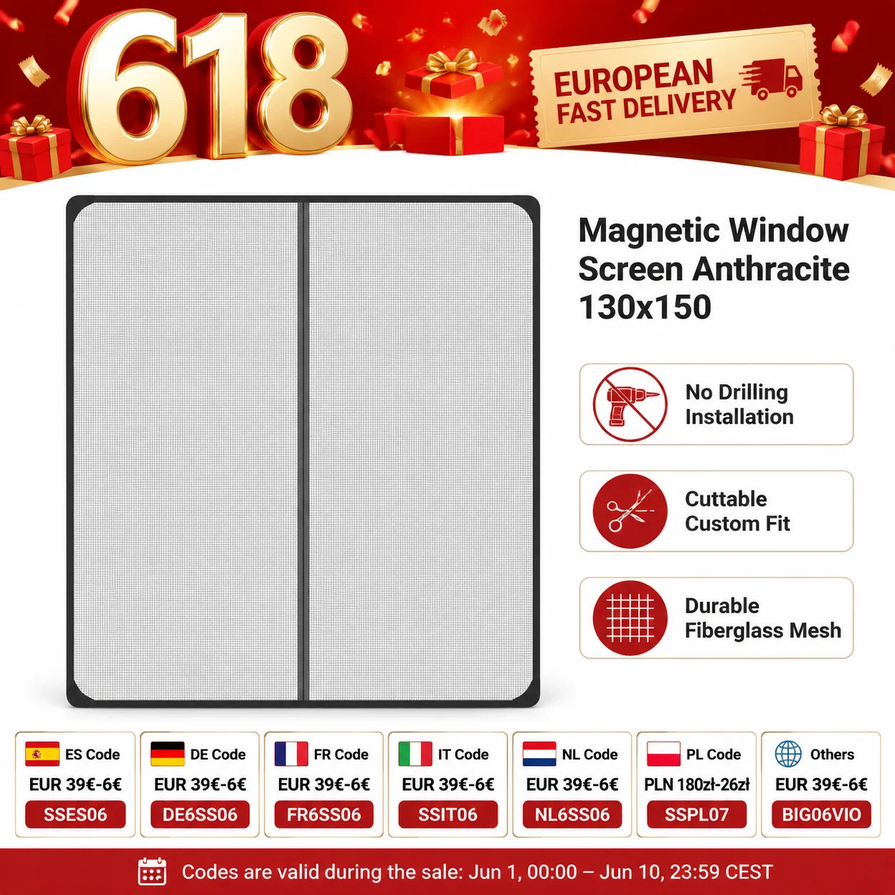 Magnetischer Fenster-Insektenschutz Anthrazit 130x150 cm, Fliegengitter Insektenschutz, Selbstklebendes Netz mit Magnetverschluss, Ohne Bohren, Zuschneidbar, für Fenster, Türen, Balkon Image