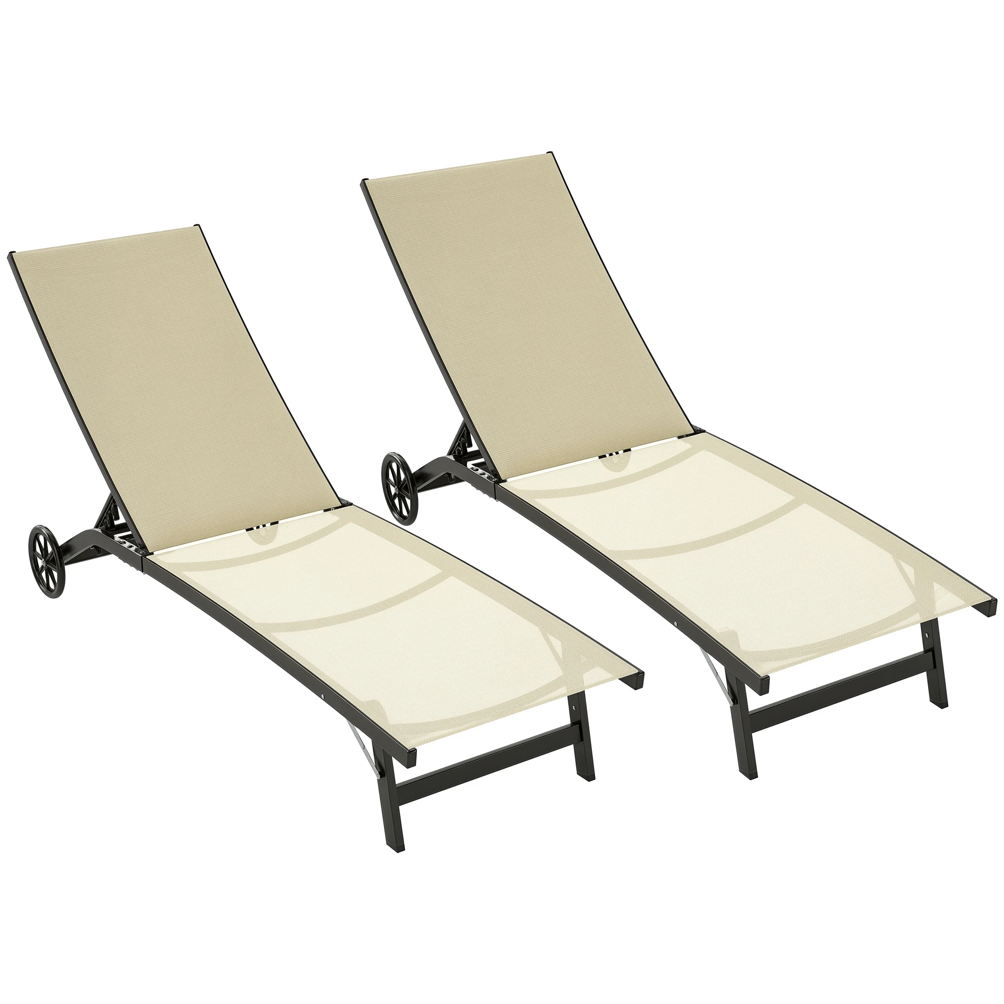 Aluminium- und Textilene-Sonnenliegen-Set, 2 Stück, Grün, Verstellbare Rückenlehne, Maximale Belastung 150 kg, mit Rädern Image