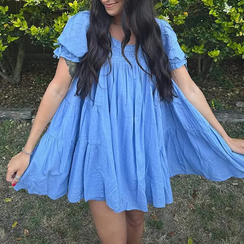 Damen Puffärmel Babydoll Minikleid Y2K Spitzenbesatz Rüschen Fließende Kleider Sommer Locker Sitzende Swing-Kleider für Ausgehoutfits Image