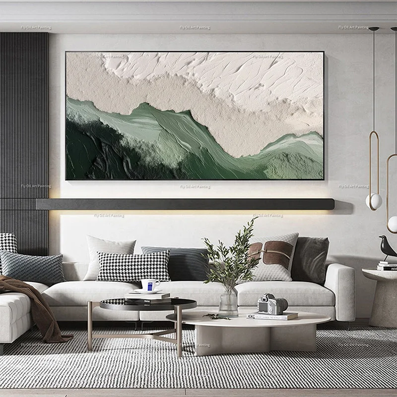 1 Stück rahmenloses Leinwandgemälde, speziell groß, handgemalt, grün und beige, moderne Textur, dicke Leinwand, Wandkunst für Raumdekoration Image