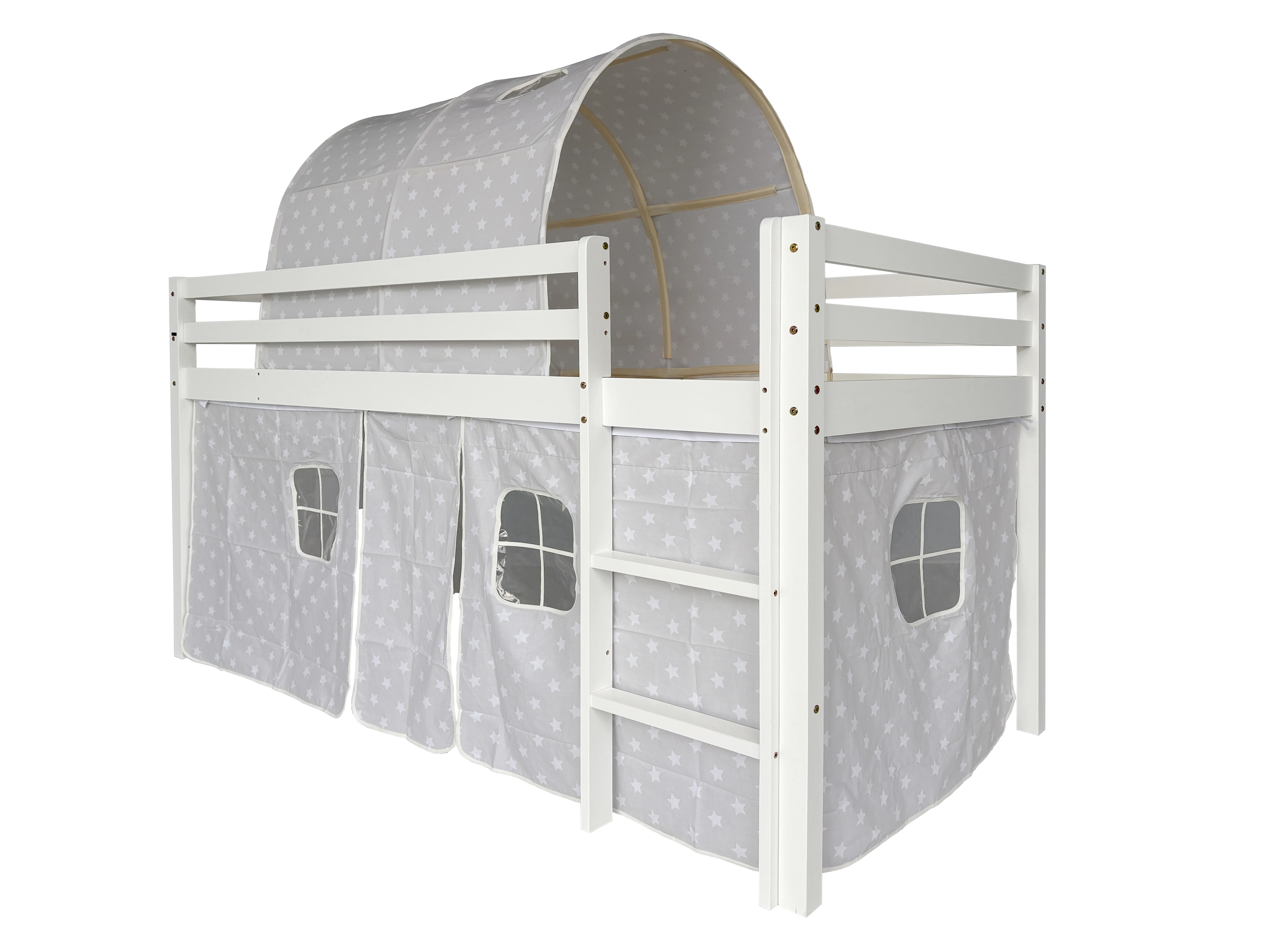 Kinderbett Hochbett 90x190 cm (ohne Matratze), aus weissem Kiefernholz mit Baumwollzelt, Spielbett mit Schutzgelaender und Leiter