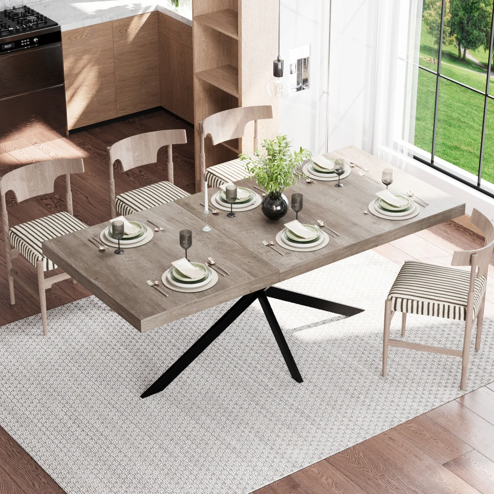 140CM-180CM Retro Rechteckiger Ausziehbarer Esstisch mit Verstecktem Stauraum, Natürliche Tischplatte mit Gleichfarbiger Geprägter Mittelplatte für Esszimmer, Küche & Wohnzimmer, Platz für 4-6