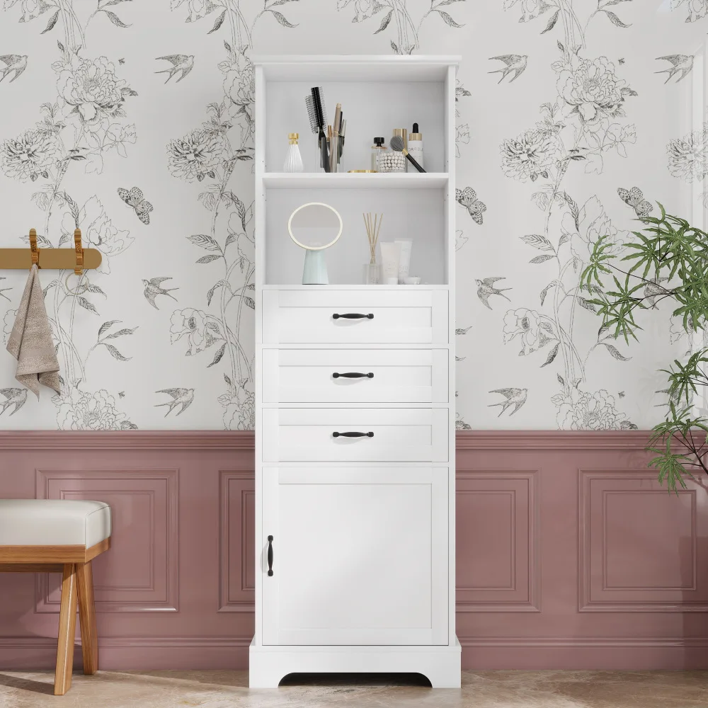 Badezimmerschrank, komplett lackiert, drei Schubladen + offene Regale + Staufach, verstellbare Regale, schwarze Griffe, weiß