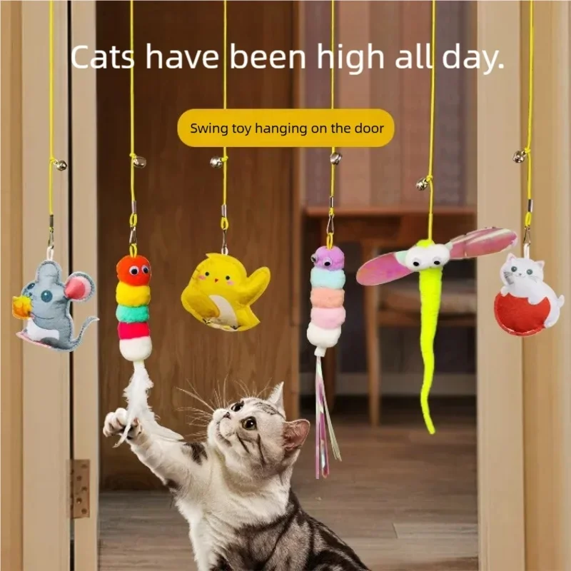 Hängendes elastisches Seil-Katzenspielzeug mit zufälliger Feder, interaktiver Katzenstab, lustiges Haustierzubehör für Katzen und Hunde Image