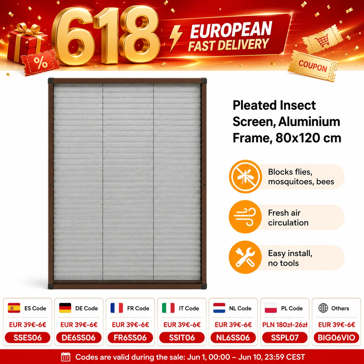 Plissiertes Insektenschutzgitter für Fenster, Aluminiumrahmen, 80x120 cm, Fliegen-Mücken-Bienen-Wespen-Netz, Fenstergitter für Frischluft, Einfache Montage, Braun