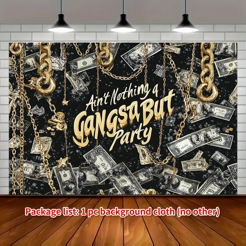 2DPlane, 1 Black Gang Party-Hintergrundbanner – Hip-Hop-Thema, schwarzes Geldmuster, für Rap-Geburtstag, Junggesellenabschied-Dekorationen Image