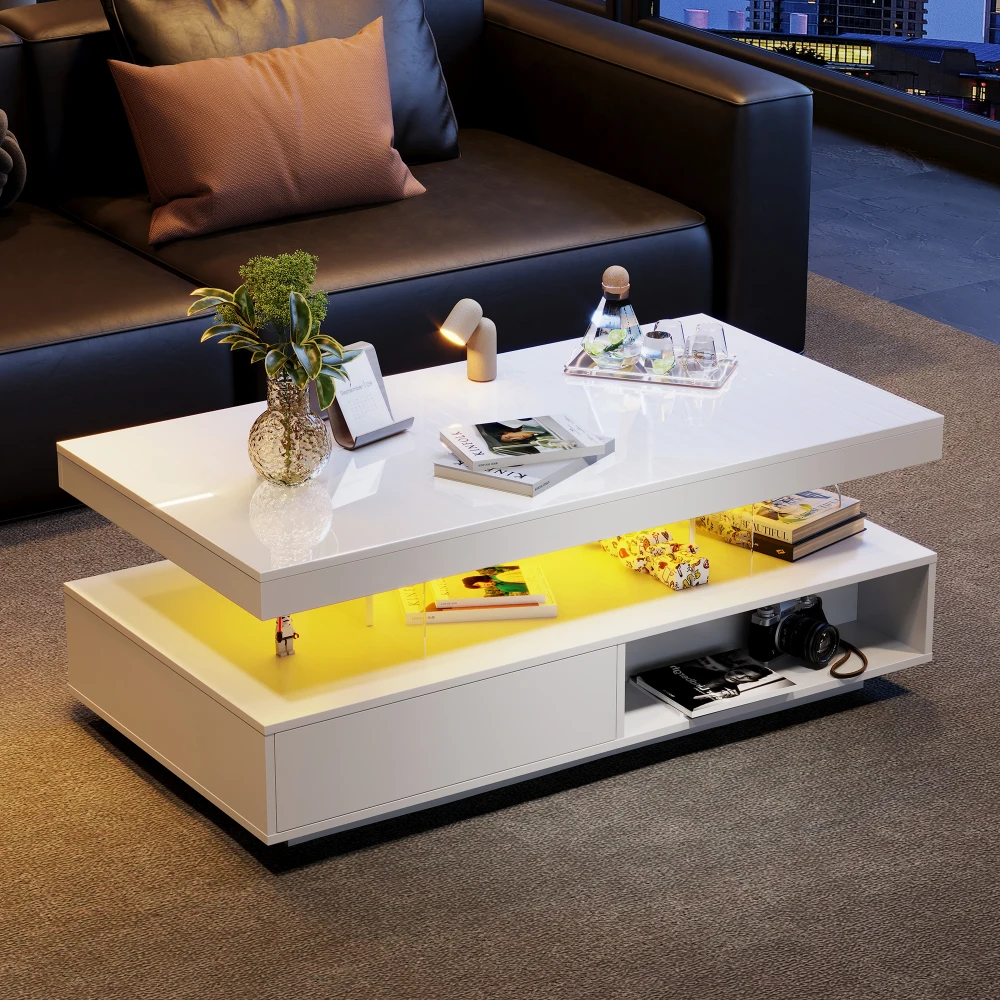 Weißer Hochglanz-Couchtisch 95x50x42,5 cm - mit 4 Glasplatten, 2 Schubladen und 2 offenen Fächern, Unterschrank im Wohnzimmer, Couchtisch