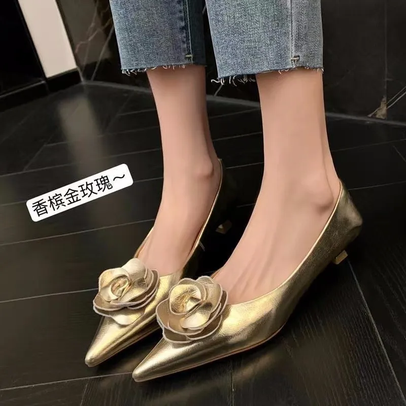 Frauen Schuhe High Heels Loafers Elegante Frau Schuhe Low Heels Hochzeit Braut Spitz Silber Gold Rose Abend Party Schuhe
