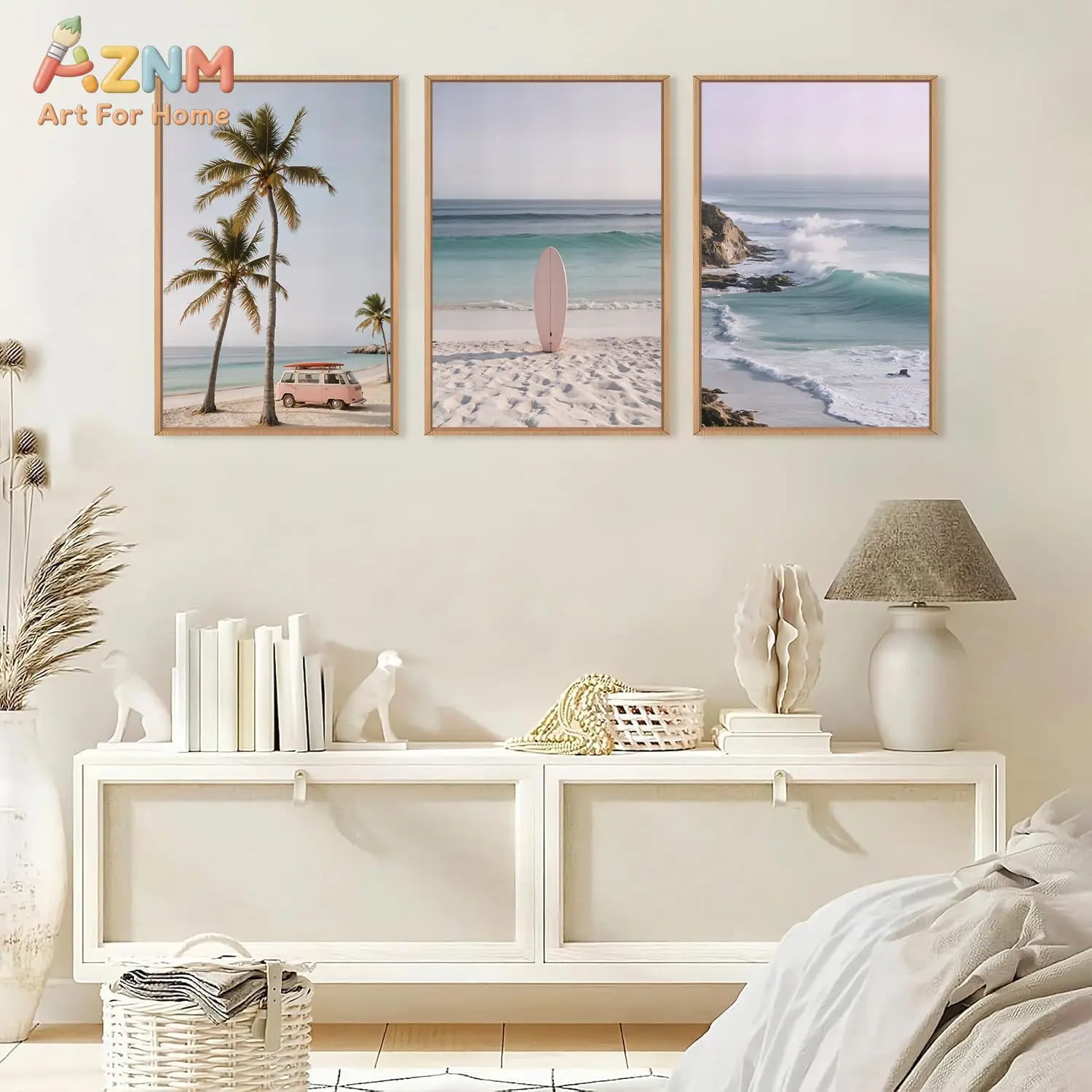 3-teiliges Küsten-Strand-Leinwandbild-Set, tropische Palme, rosa Van, Surfbrett, Meereswellen-Drucke, Poster, Boho-Strand-Deko, ungerahmt Image