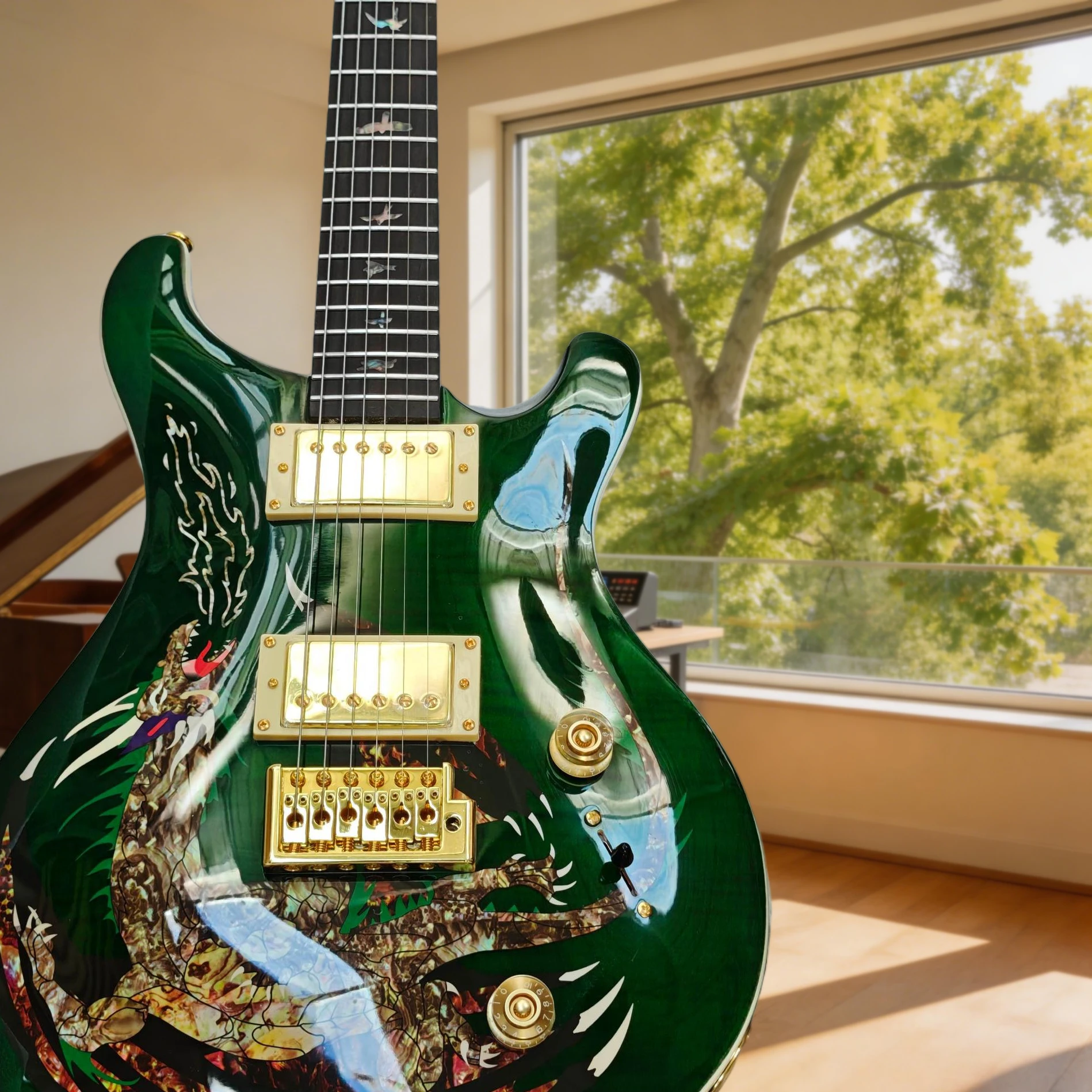 2026 Heißer Glänzender Grüner Drache Gold Hardware Motiv PRS E-Gitarre HH Tonabnehmer Vogel-Einlage 24 Töne Image