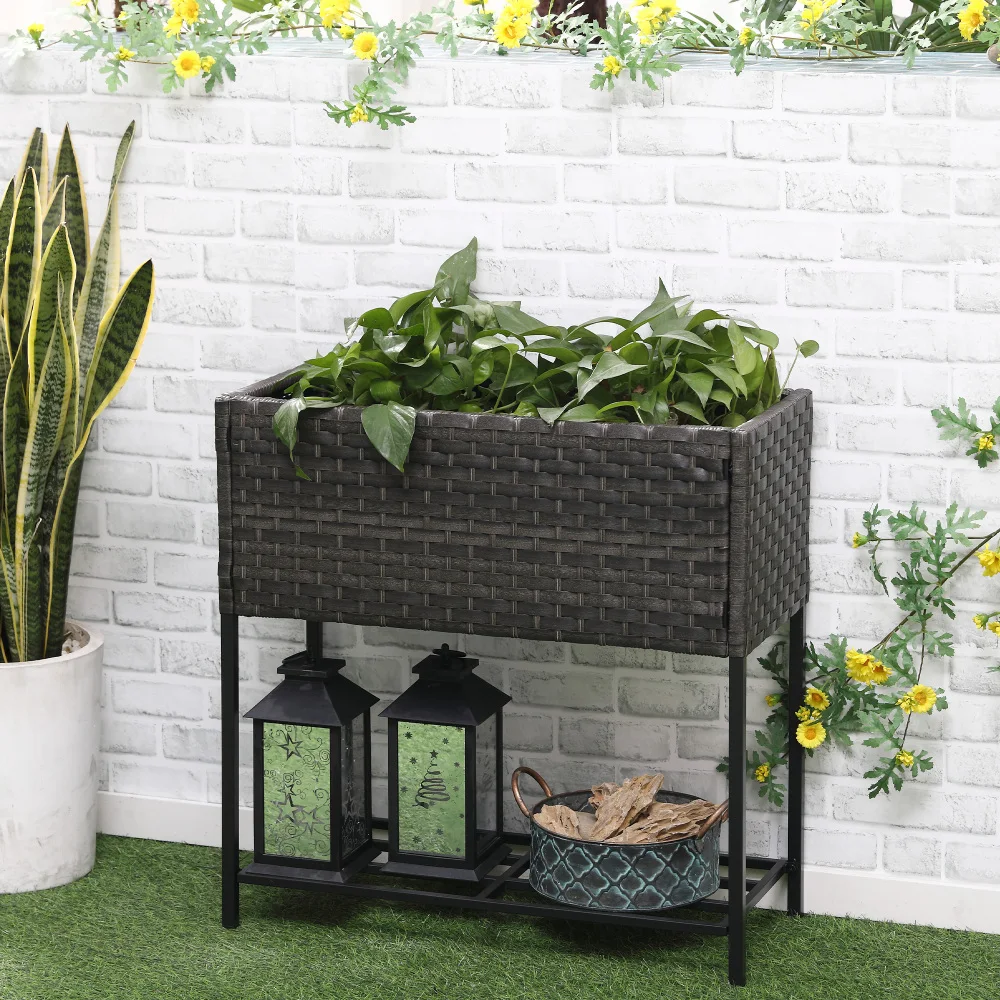 Hochbeet aus Polyrattan mit Beinen und Ablage, braun. Größe 70×30×72cm, für Garten, Balkon und Terrasse. Image