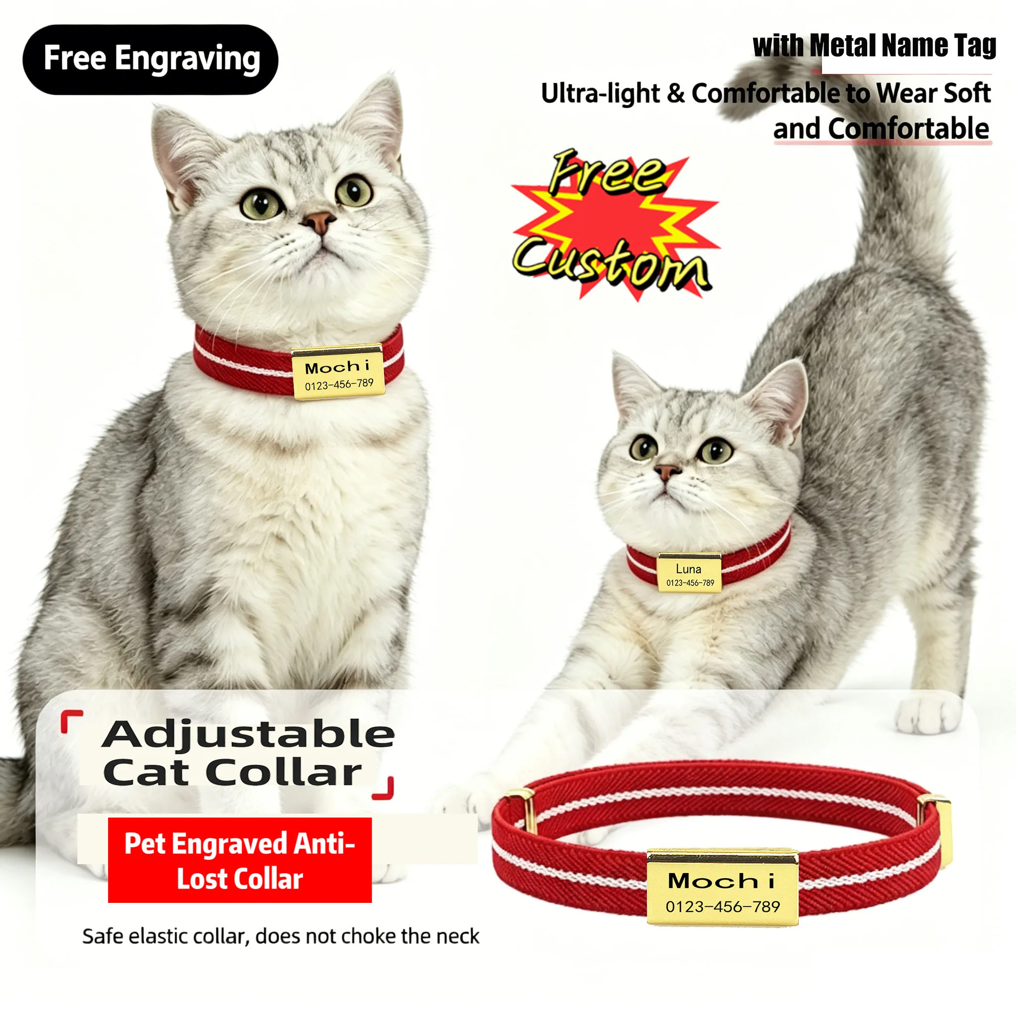Personalisiertes Katzenhalsband mit Metall-Namensschild, Haustier-ID, Anti-Verlust-Funktion, Elastisch, für Kleine Hunde und Kätzchen, Gestreift, Niedliche Halskette Image