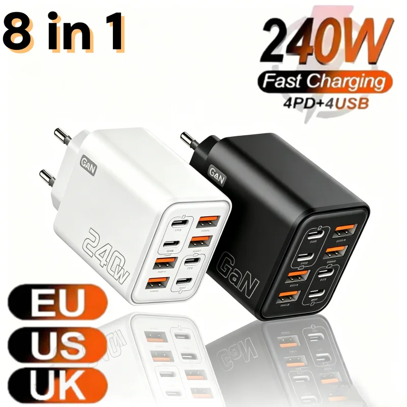 240W GaN USB-C-Ladegerät 8-in-1 Schnellladegerät für Handys, Netzteil für iPhone, Xiaomi, Typ-C, EU/US/UK-Stecker, Wandladegerät Image