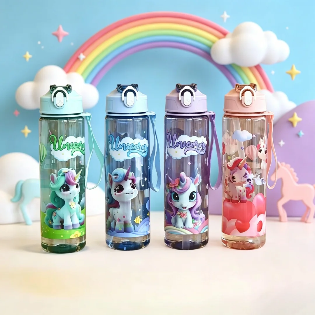 Transparente Cartoon-Einhorn-Wasserflasche, Stilvolles Hochwertiges Design, Leichter Auslaufsicherer Becher mit Trageriemen, Ideal für Fitness Image