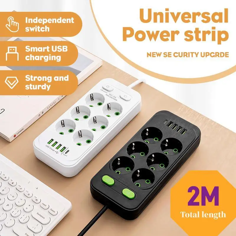 EU-Stecker Mehrfachsteckdose mit 2M Verlängerungskabel, Elektrische Steckdosenleiste mit USB Typ-C Schnellladung und Netzfilter-Adapter Image