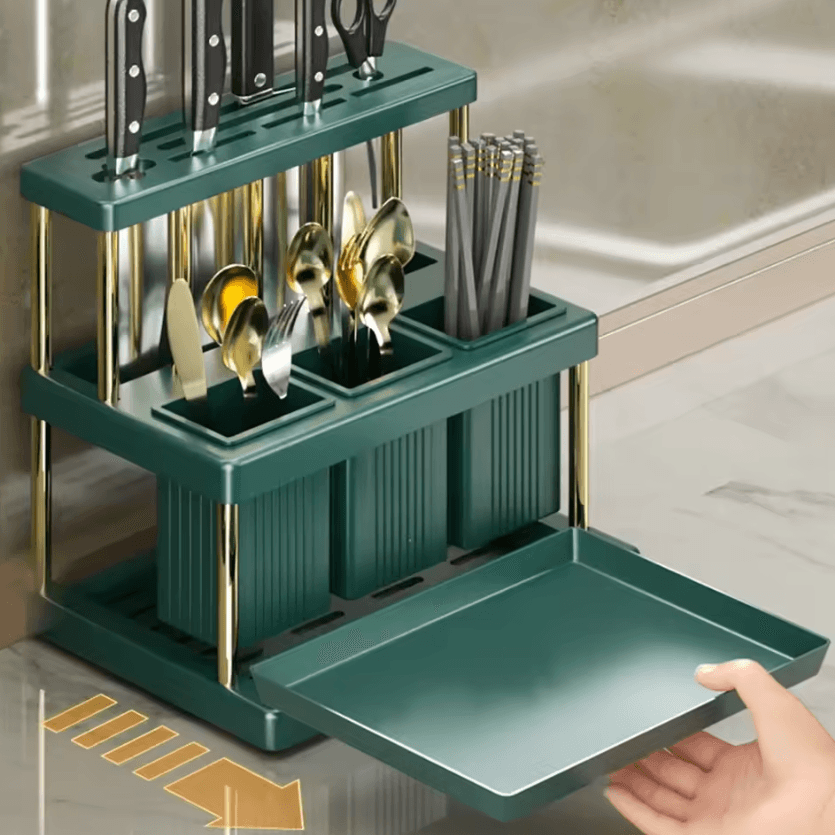 SafeDry Knife Holder & Cutlery Organizer Rack With Drainage System green