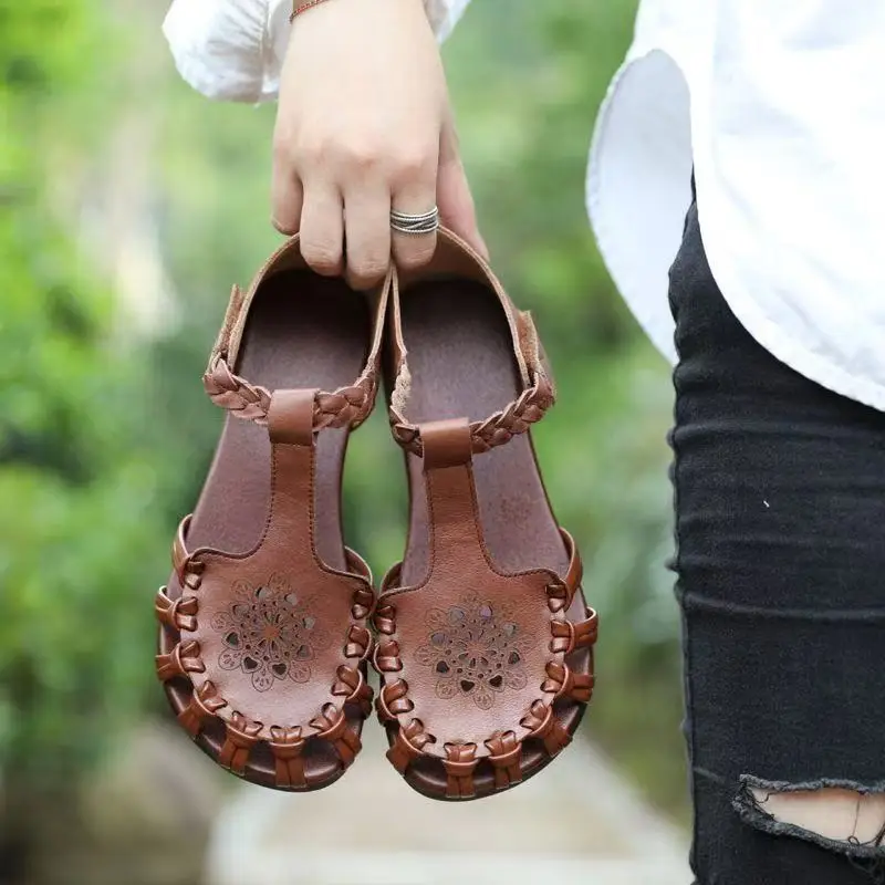 Careaymade-Retro Sommer Frauen Schuhe Perforierte Höhlte-out Hand-gewebt Blume Flache frauen Sandalen Aus Echtem Leder schuhe