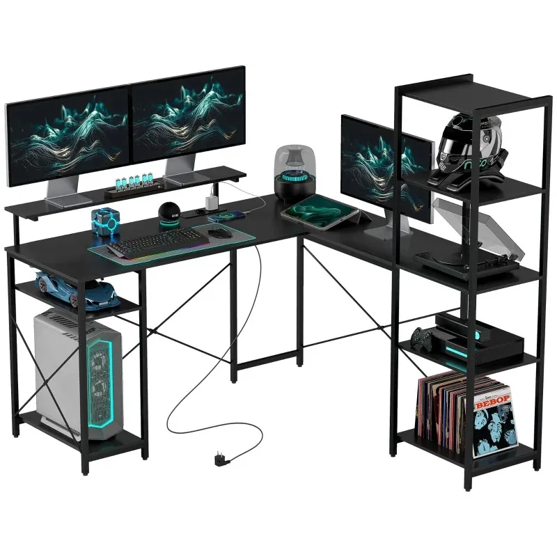 Schreibtisch, L-förmiger Computertisch 137 x 140 x 139,5 cm, Eckschreibtisch mit 6 Ablagen, Bürotisch mit Monitorständer, USB, für das Heimbüro