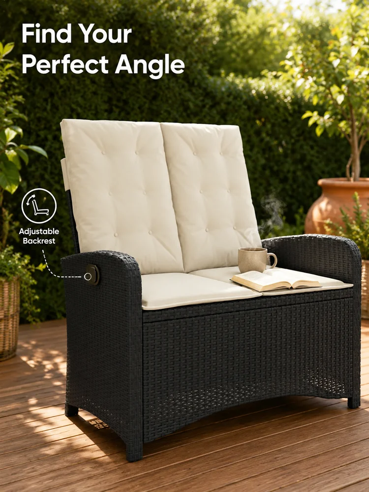 Verstellbare Gartenbank mit Kissen, schwarze Polyrattan-Gartenmöbel, bequeme Sitzgelegenheit, stilvolles Design, langlebiges Material, perfekt für Terrasse, Garten oder Balkon, leicht zu reinigen,