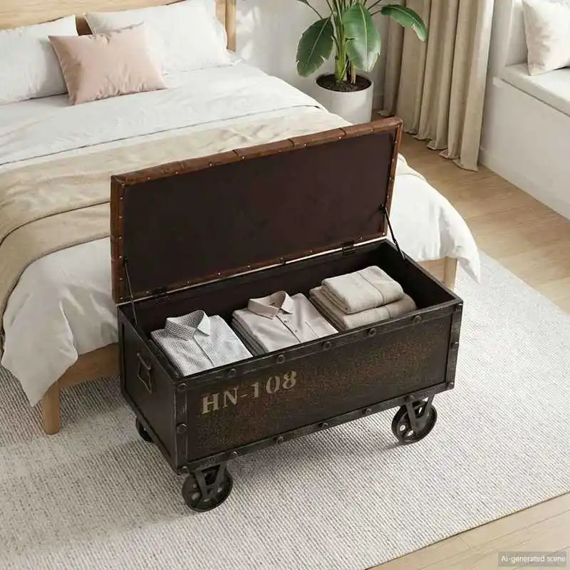 Aufbewahrungsbank aus Massivholz und Kunstleder, 80,5x41x50 cm, braune Aufbewahrungsbank aus Massivholz und Kunstleder mit praktischen Rollen, bequeme Sitzbank mit Stauraum, Vintage-Design für