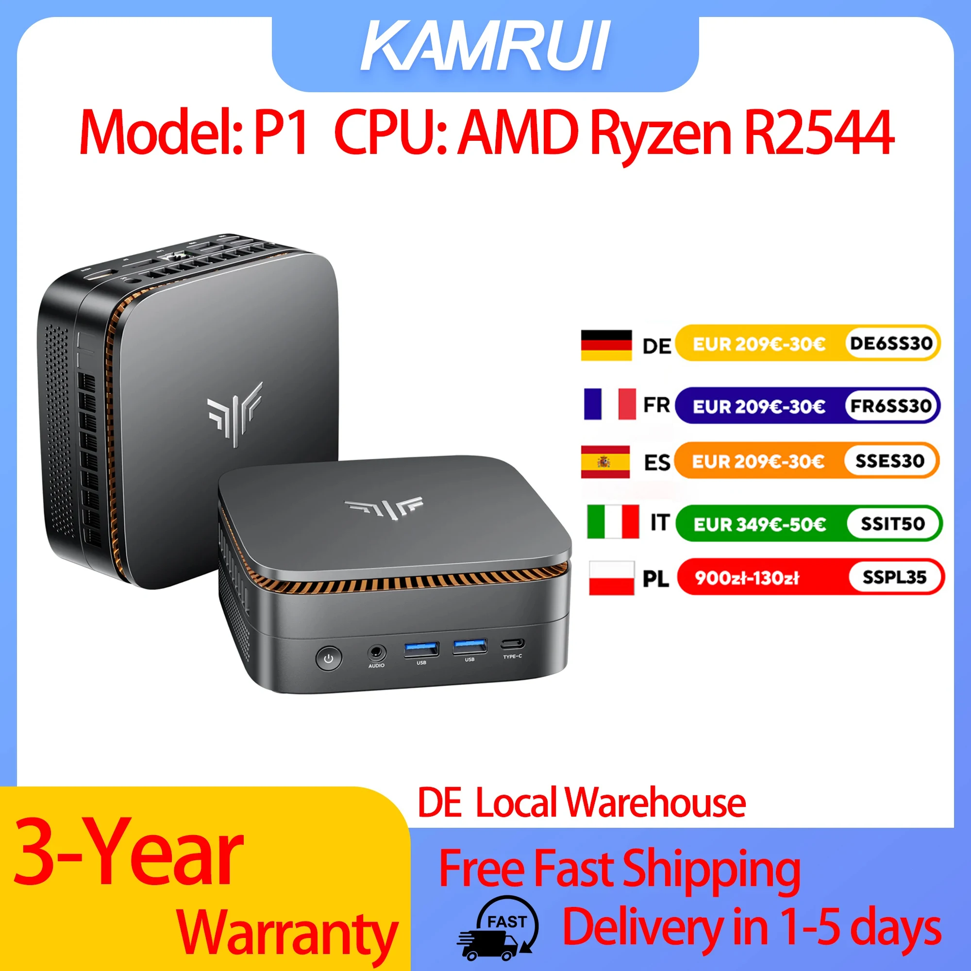 KAMRUI P1 AMD Ryzen R2544 8GB 16GB RAM 256GB Mini-PC SSD Tragbarer Gaming-Mini-PC Wifi5 BT4.2 4K Dreifach-Display Windows 11 Pro EU-Stecker Image