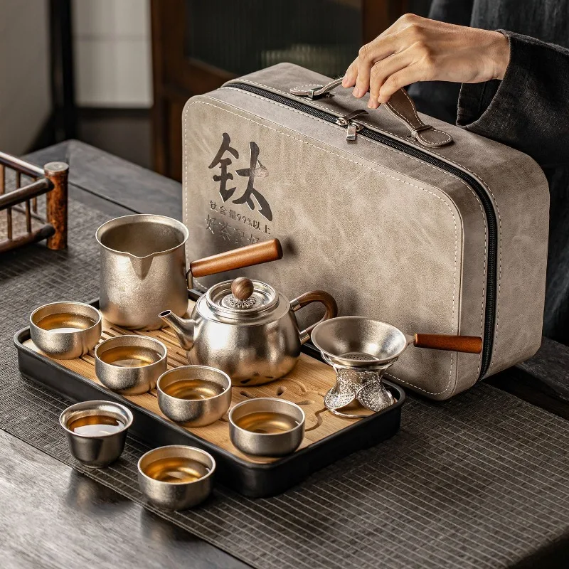 Titanium Tea Set Premium Teapot Kung Fu Cups with Tray Teaware Sets Gift Box Household Tea Kit for Festival Presents