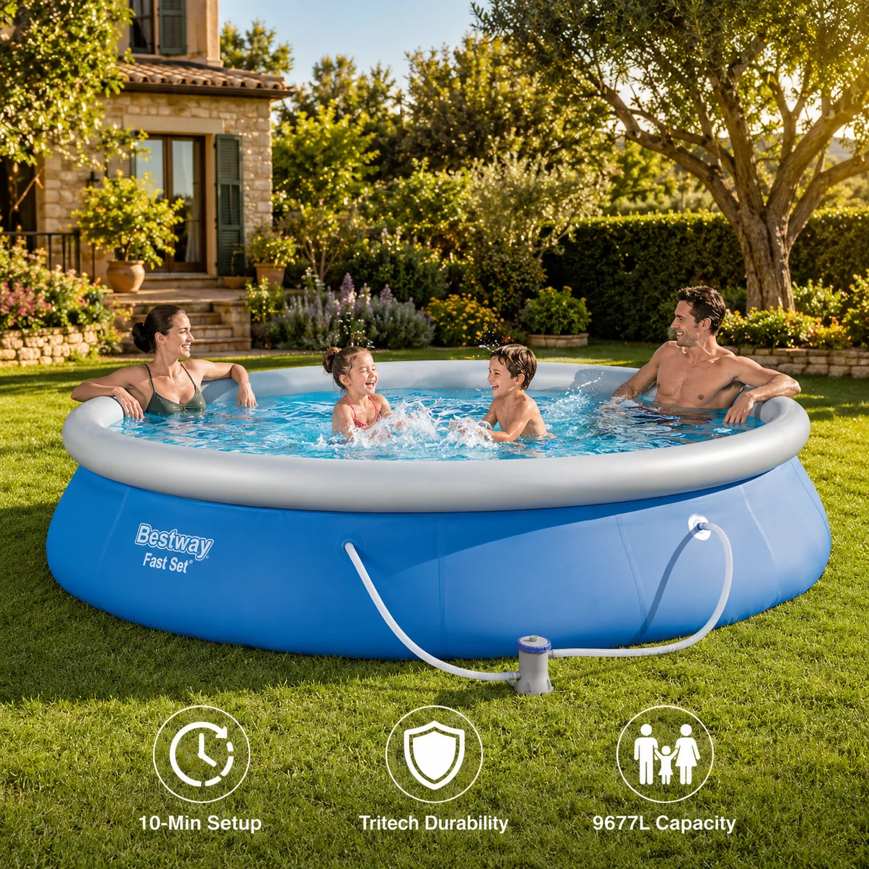 Schnell aufbaubares aufblasbares Schwimmbecken-Set, 457 x 84 cm rundes Aufstellbecken mit Filterpumpe, aus Tritech-Material, UV- und chlorresistent, 9677 L Fassungsvermögen, für Garten und Image
