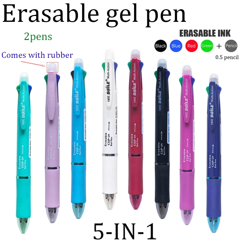 2 Stück Kreativer 5-in-1 Radierbarer Gelstift 0,7mm Blau Schwarz Rot Grün Magische Nachfüllungen 0,5mm Druckbleistift Schreib- und Malutensilien Image