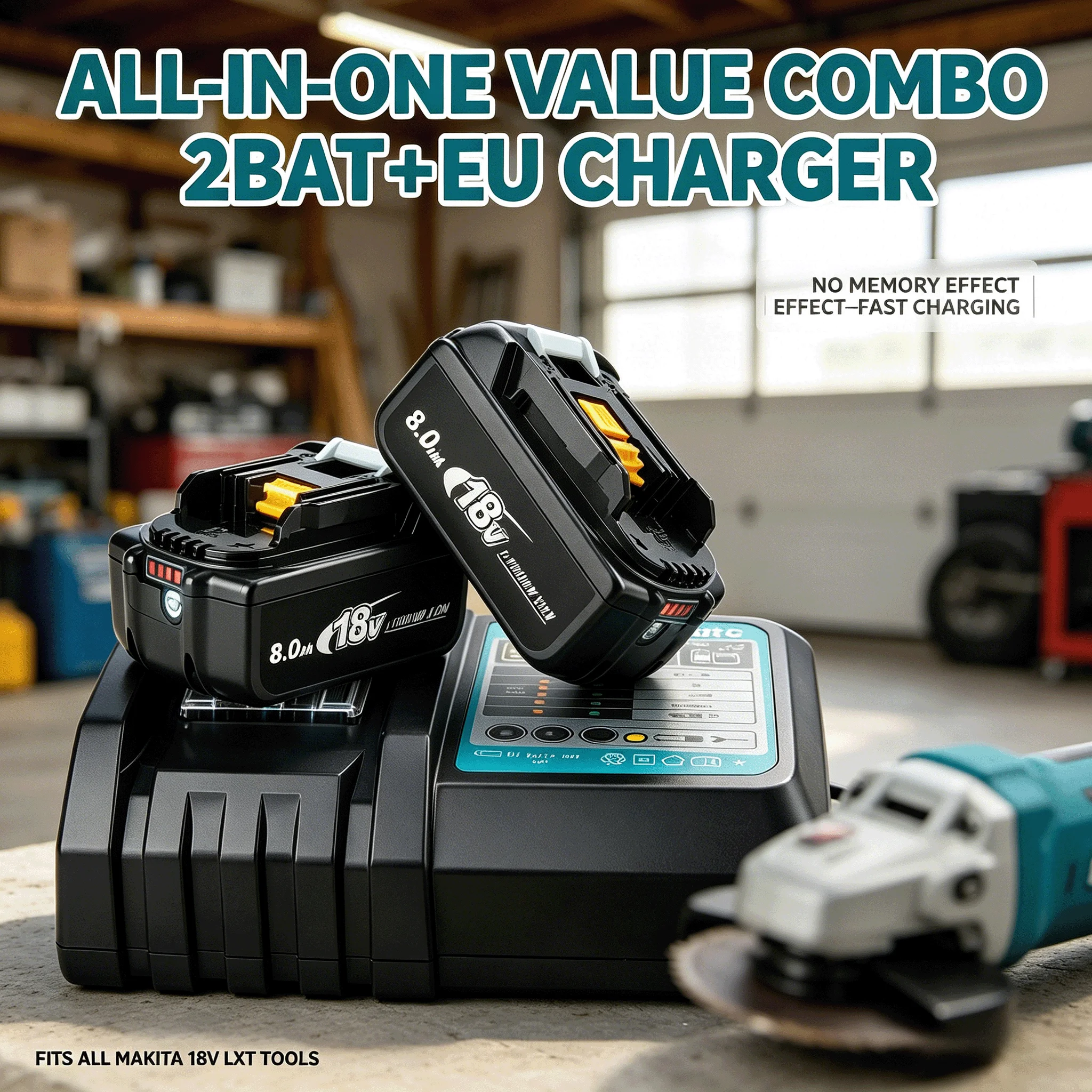 Kostengünstiges 2er-Pack 8,0-Ah-Lithium-Ionen-Akku + EU-Ladegerät für alle 18-V-LXT-Akku-Elektrowerkzeuge von Makita, kompatibel mit BL1830~BL1860, DC18RC/DC18RD-Ladegeräte, kein Speichereffekt, Image