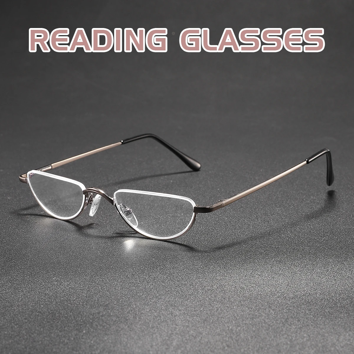 Retro-Lesebrille mit hochauflösenden Metallfederscharnieren, halbmondförmig, halbrandlos, optische Lesebrille mit kleinem Rahmen Image