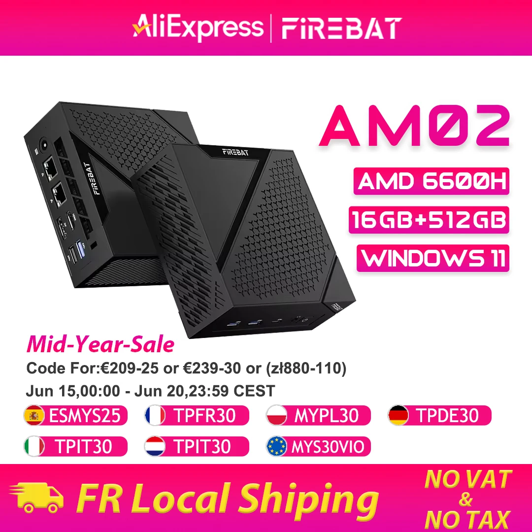 FIREBAT MINI PC AM02 AMD Ryzen 5 6600H LP DDR5 16GB RAM 512GB SSD Windows 11 Tragbarer Desktop-Computer Netzwerkanschluss HDMI WIFI6 BT5.2