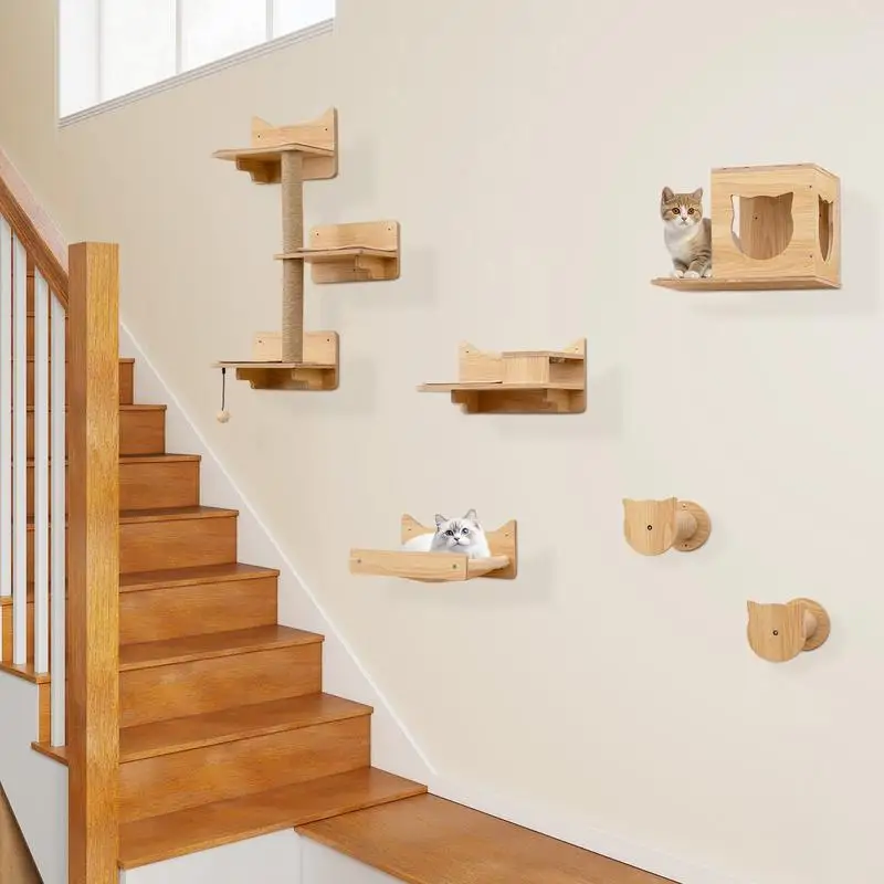 6-teiliges Katzen-Wandmöbel-Set, Wandmontierte Regale für Kätzchen - Naturfarben Image