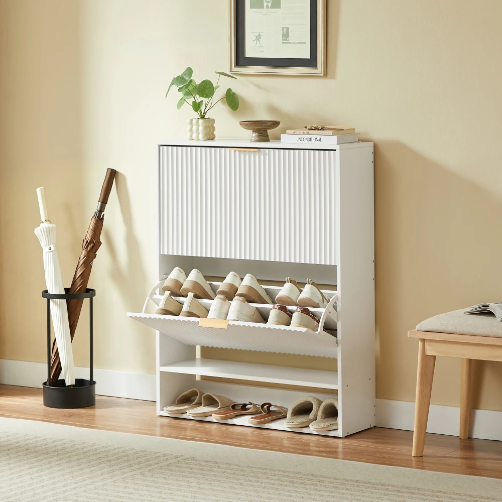 Schuhschrank, 80×24 cm, gerillte Frontplatte. Höhenverstellbar mit Kippschutz, mit dekorativer Oberseite, weiß, für den Flur.