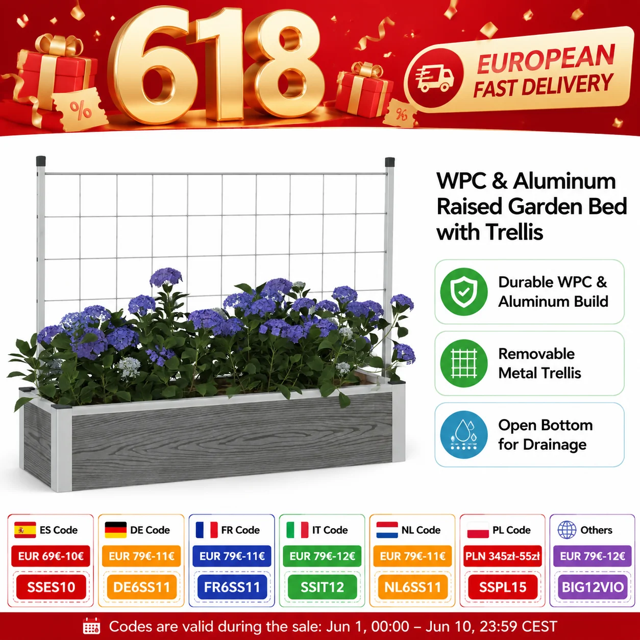 Hochbeet 100 x 30 x 22 cm, WPC- und Aluminium-Pflanzkasten für Blumen, Kräuter und Gemüse, wetterbeständig mit abnehmbarem Rankgitter und offener Bodenentwässerung Image