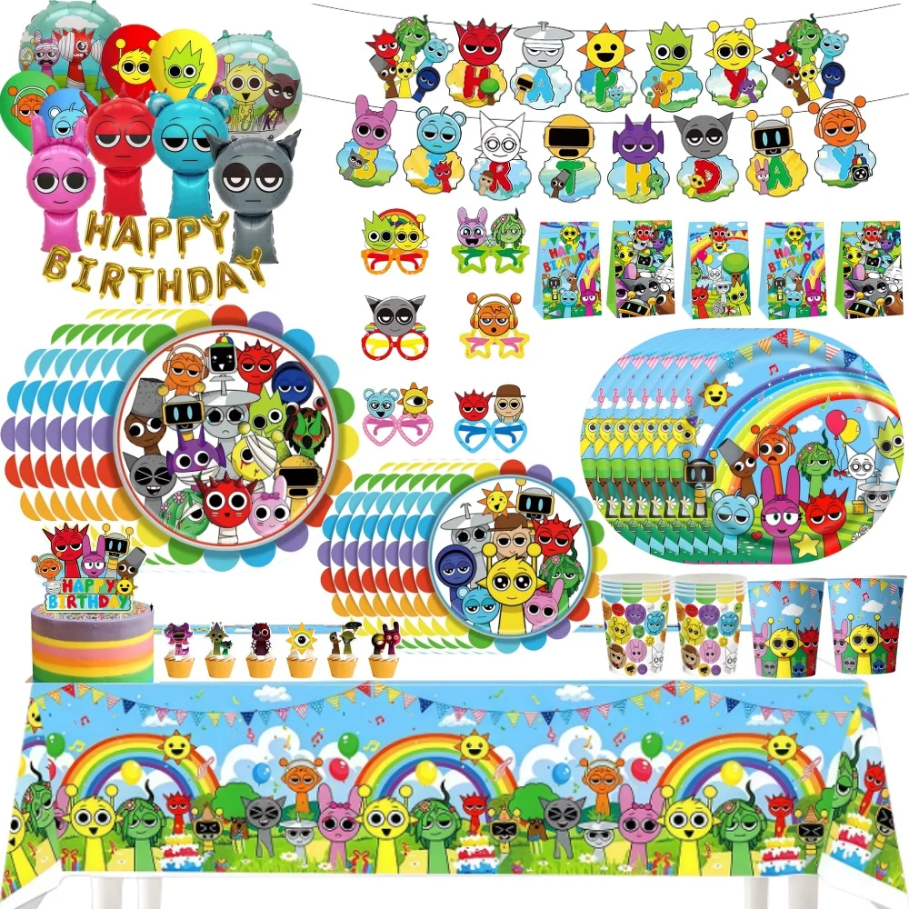 82-teiliges Sprunkis Geburtstagsparty-Dekorationsset mit Spielmotiv, Teller, Becher, Zahlenballons, Aufkleber, Gläsern und Partyzubehör Image
