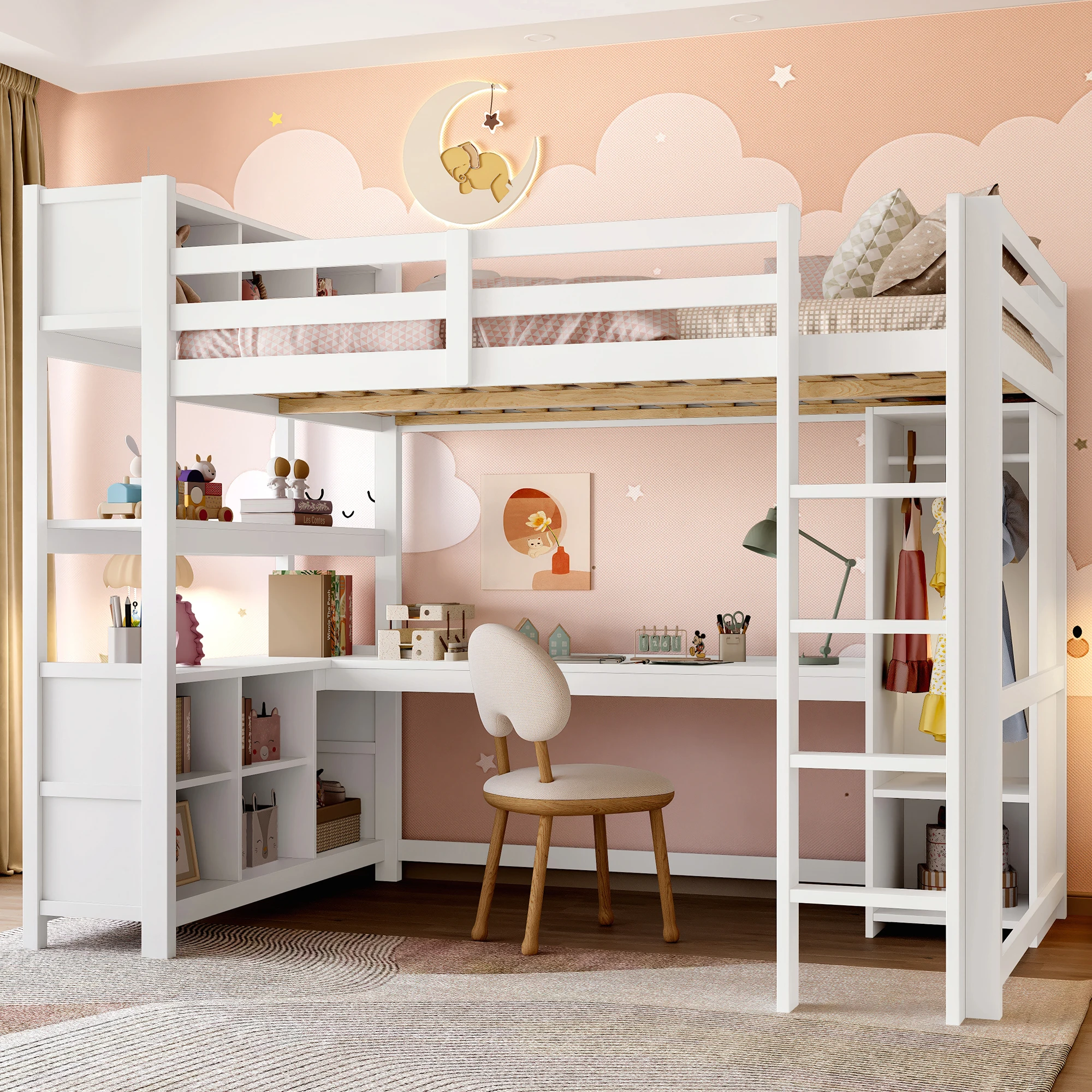 Kinder-Etagenbett 140x200cm, Hochbett Einzel-Etagenbett mit mehreren Staufächern, Schreibtisch, Kleiderschrank für Kinder und Jugendliche