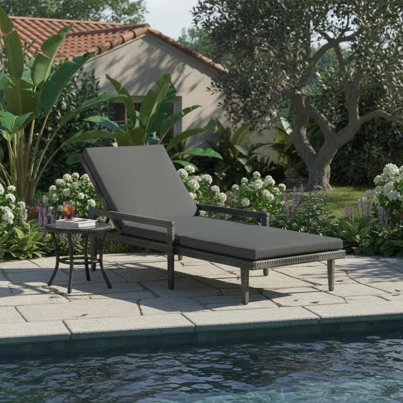 Gartenliege aus Polyrattan mit grauem Kissen – Verstellbare Outdoor-Lounge-Liege für Terrasse, Garten und Poolbereich